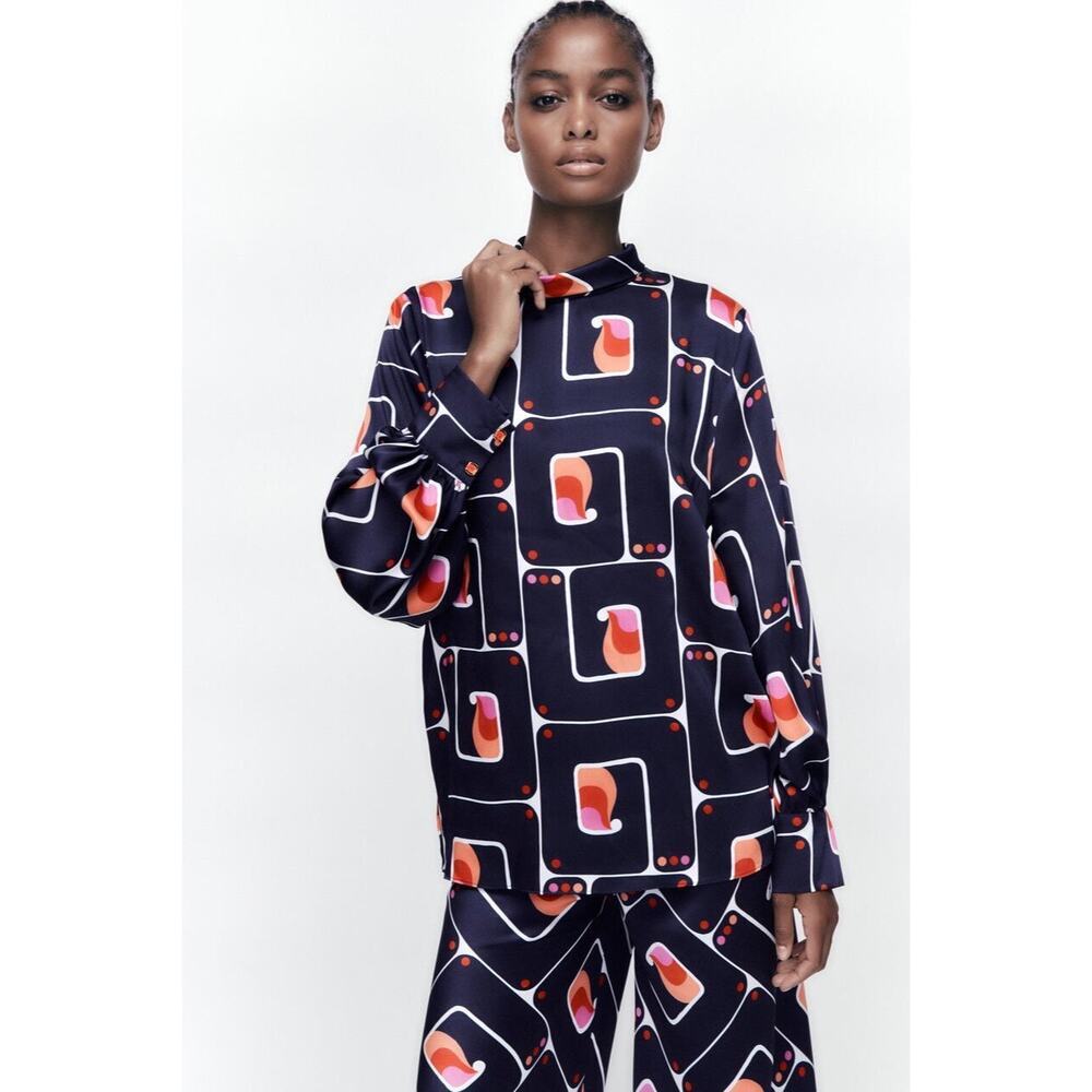 Zara High Neck Satin Effect Printed Blouse